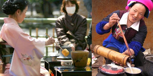 Слева японка в кимоно, справа монгольская девушка чай готовит Слева японка в кимоно, справа монгольская девушка чай готовит